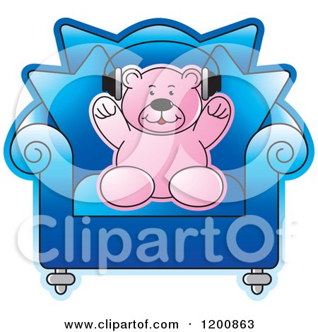 Cartoon of a Pink Teddy Bear Wearing Headphones in a Blue Chair - Royalty Free Vector Clipart by Lal Perera