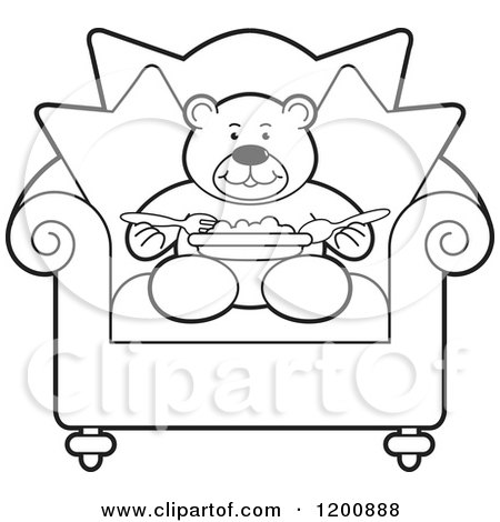 Cartoon of a Black and White Outlined Teddy Bear Eating a Meal in a Chair - Royalty Free Vector Clipart by Lal Perera
