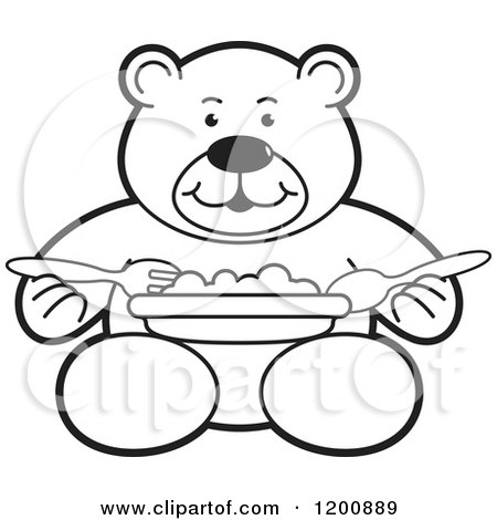 Cartoon of a Black and White Outlined Teddy Bear Eating a Meal - Royalty Free Vector Clipart by Lal Perera