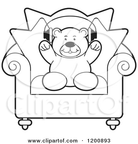 Cartoon of a Black and White Teddy Bear Wearing Headphones on a Chair - Royalty Free Vector Clipart by Lal Perera
