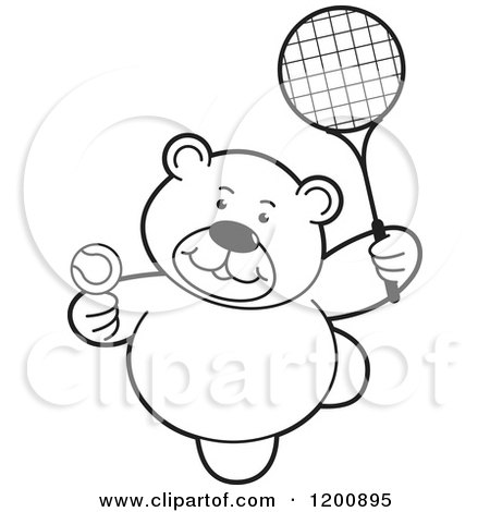 Cartoon of a Black and White Teddy Bear Playing Tennis - Royalty Free Vector Clipart by Lal Perera