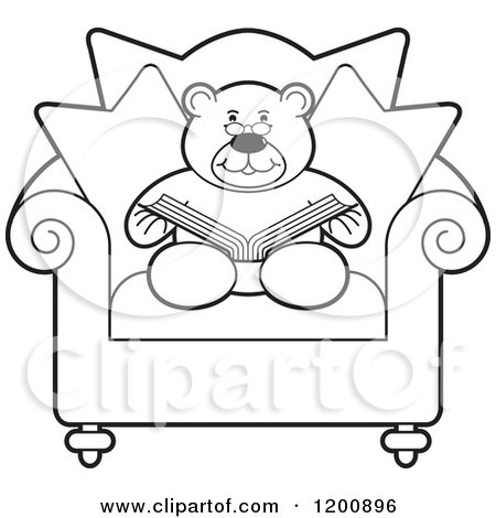 Cartoon of a Black and White Teddy Bear Reading a Book in a Chair - Royalty Free Vector Clipart by Lal Perera