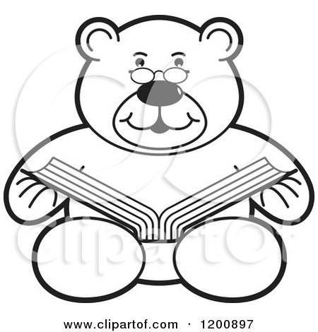 Cartoon of a Black and White Teddy Bear Reading a Book - Royalty Free Vector Clipart by Lal Perera