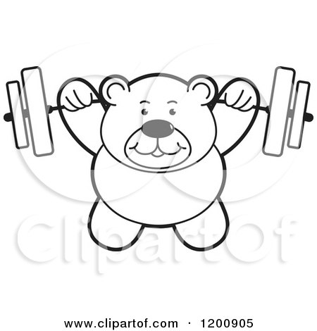 Cartoon of a Strong Black and White Teddy Bear Lifting a Barbell - Royalty Free Vector Clipart by Lal Perera