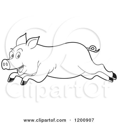 Cartoon of a Black and White Outlined Running Pig - Royalty Free Vector Clipart by Lal Perera