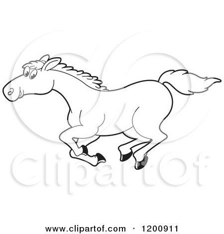 Cartoon of a Black and White Outlined Running Horse - Royalty Free Vector Clipart by Lal Perera