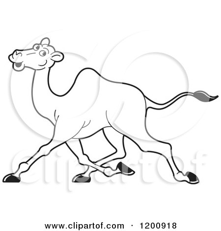 Cartoon of a Black and White Outlined Running Camel - Royalty Free Vector Clipart by Lal Perera