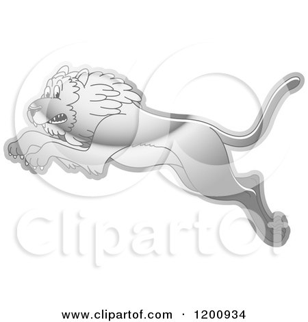 Cartoon of a Reflective Silver Leaping Lion - Royalty Free Vector Clipart by Lal Perera