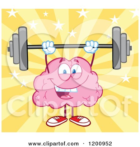 Cartoon of a Strong Pink Brain Mascot Lifting a Barbell over Yellow Rays  and Stars - Royalty Free Vector Clipart by Hit Toon #1200952