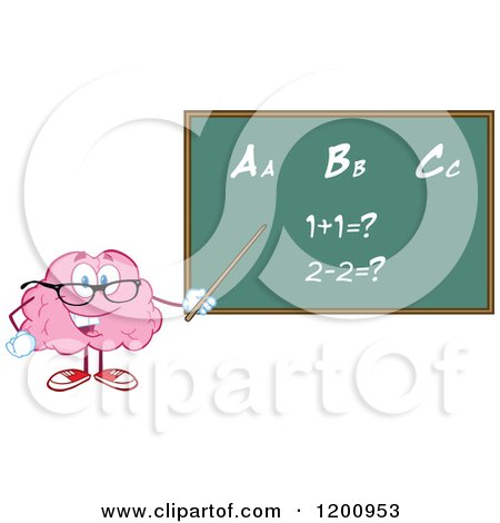 Cartoon of a Happy Brain Teacher Holding a Pointer Stick to a Math and Alphabet Chalkboard - Royalty Free Vector Clipart by Hit Toon