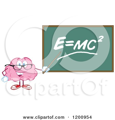 Cartoon of a Happy Brain Teacher Holding a Pointer Stick to a Physics Chalkboard - Royalty Free Vector Clipart by Hit Toon