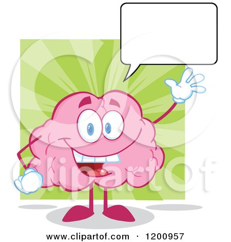 Cartoon of a Talking Friendly Waving Pink Brain Mascot over Green - Royalty Free Vector Clipart by Hit Toon