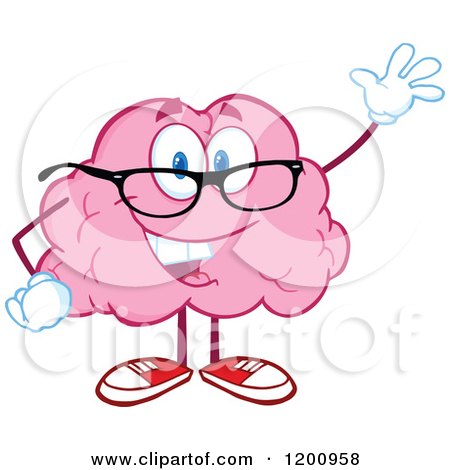 Cartoon of a Friendly Pink Brain Mascot Waving and Wearing Glasses - Royalty Free Vector Clipart by Hit Toon