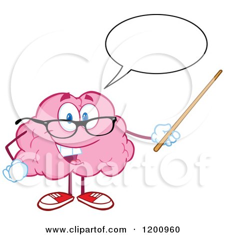 Cartoon of a Happy Talking Brain Teacher Holding a Pointer Stick - Royalty Free Vector Clipart by Hit Toon