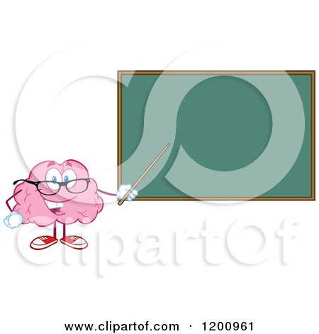 Cartoon of a Happy Brain Teacher Holding a Pointer Stick to a Chalk Board - Royalty Free Vector Clipart by Hit Toon