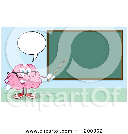 Cartoon of a Happy Talking Brain Teacher Holding a Pointer Stick to a Chalk Board - Royalty Free Vector Clipart by Hit Toon