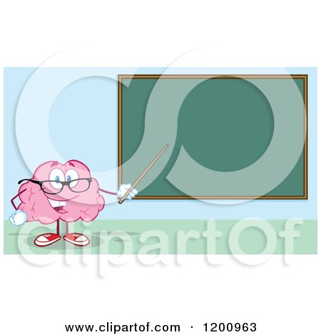 Cartoon of a Happy Brain Teacher Holding a Pointer Stick to a Chalk Board over Blue - Royalty Free Vector Clipart by Hit Toon