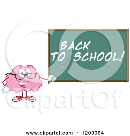 Cartoon of a Happy Brain Teacher Holding a Pointer Stick to a Back to School Chalkboard - Royalty Free Vector Clipart by Hit Toon
