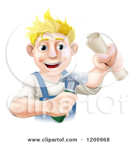 Cartoon of a Happy Blond Worker Man Holding a Hammer and Degree - Royalty Free Vector Clipart by AtStockIllustration