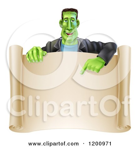 Cartoon of a Happy Frankenstein Pointing down to a Blank Scroll Sign or Invitation - Royalty Free Vector Clipart by AtStockIllustration
