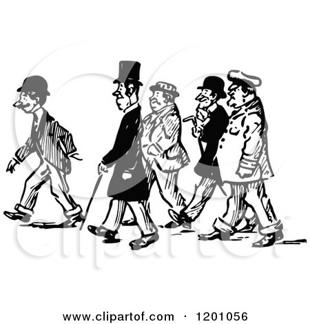 Clipart of a Vintage Black and White Group of Men Walking - Royalty Free Vector Illustration by Prawny Vintage