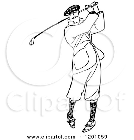 Clipart of a Vintage Black and White Man Golfing - Royalty Free Vector Illustration by Prawny Vintage