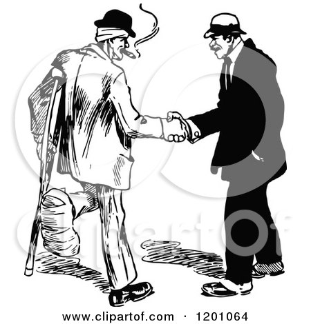 Clipart of a Vintage Black and White Handshake Between an Injured Man and Another - Royalty Free Vector Illustration by Prawny Vintage