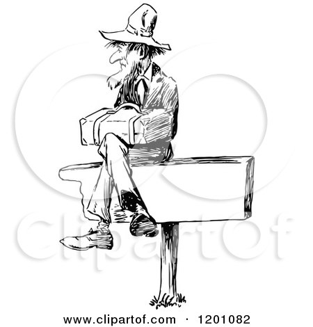 Clipart of a Vintage Black and White Man Sitting on a Sign - Royalty Free Vector Illustration by Prawny Vintage