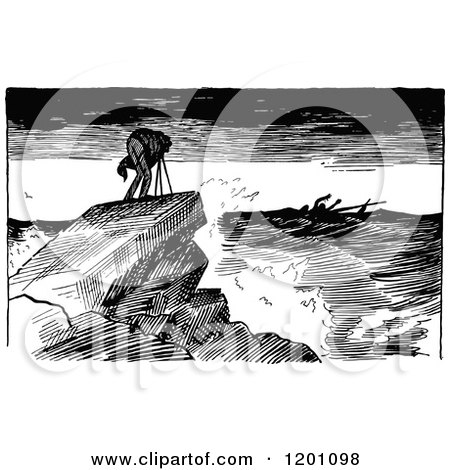 Clipart of a Vintage Black and White Photographer on a Coastal Cliff - Royalty Free Vector Illustration by Prawny Vintage