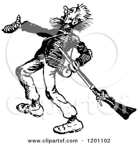Clipart of a Vintage Black and White Shouting Man with a Rifle - Royalty Free Vector Illustration by Prawny Vintage