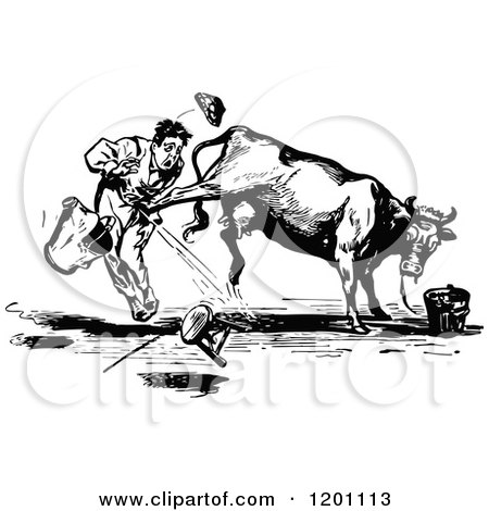 Clipart of a Vintage Black and White Cow Kicking a Man - Royalty Free Vector Illustration by Prawny Vintage