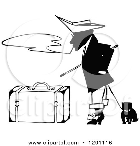 Clipart of a Vintage Black and White Man with a Dog, Smoking by Luggage - Royalty Free Vector Illustration by Prawny Vintage
