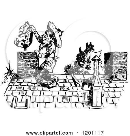 Clipart of a Vintage Black and White Man Pulling a Dog from a Chimney - Royalty Free Vector Illustration by Prawny Vintage