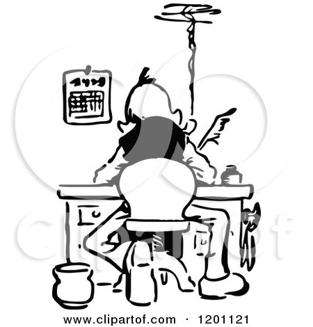 Clipart of a Vintage Black and White Rear View of a Man Writing at a Desk - Royalty Free Vector Illustration by Prawny Vintage