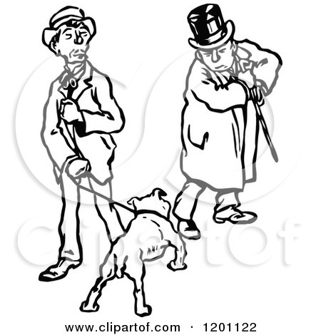 Clipart of a Vintage Black and White Dog and Two Men - Royalty Free Vector Illustration by Prawny Vintage