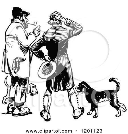 Clipart of Vintage Black and White Dogs and Two Men - Royalty Free Vector Illustration by Prawny Vintage