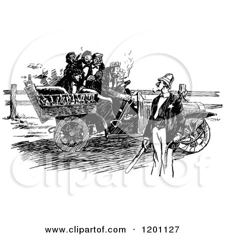 Clipart of a Vintage Black and White Police Man Holding a Rope and Blocking a Car from a Road - Royalty Free Vector Illustration by Prawny Vintage