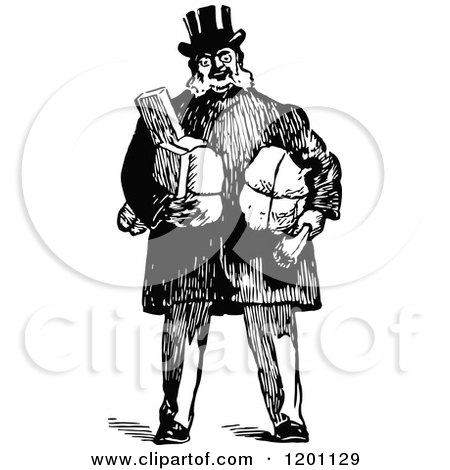 Clipart of a Vintage Black and White Man Standing with Parcels - Royalty Free Vector Illustration by Prawny Vintage