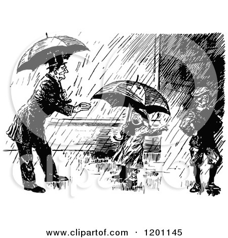 Clipart of a Vintage Black and White Man and Children in the Rain - Royalty Free Vector Illustration by Prawny Vintage