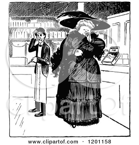 Clipart of a Vintage Black and White Confused Merchant and Shopping Woman - Royalty Free Vector Illustration by Prawny Vintage
