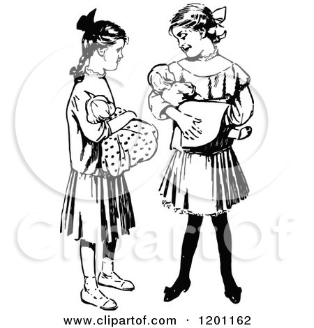 Clipart of Vintage Black and White Girls Holding Dolls - Royalty Free Vector Illustration by Prawny Vintage