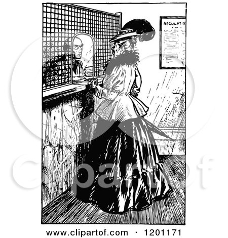 Clipart of a Vintage Black and White Woman at a Bank - Royalty Free Vector Illustration by Prawny Vintage