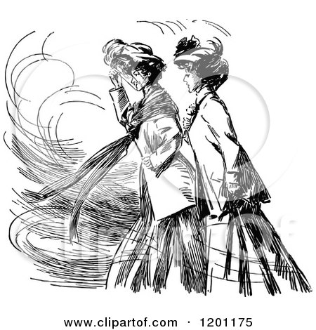 Clipart of Vintage Black and White Women Walking in the Wind - Royalty Free Vector Illustration by Prawny Vintage
