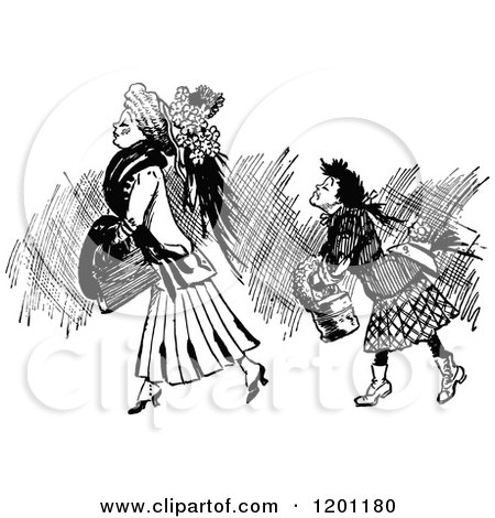 Clipart of Vintage Black and White Two Ladies Walking - Royalty Free Vector Illustration by Prawny Vintage
