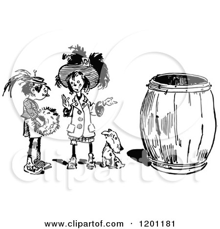 Clipart of Vintage Black and White Two Girls and Dog by a Barrel - Royalty Free Vector Illustration by Prawny Vintage