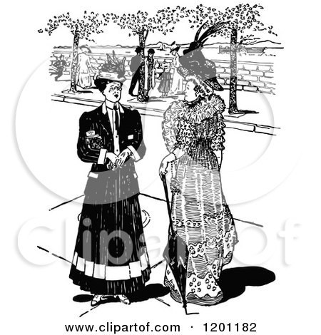 Clipart of Vintage Black and White Two Ladies Talking - Royalty Free Vector Illustration by Prawny Vintage