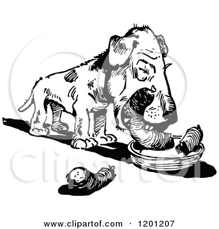 Clipart of a Vintage Black and White Dog Eating a Sausage - Royalty Free Vector Illustration by Prawny Vintage