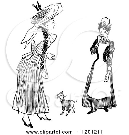 Clipart of a Vintage Black and White Maid Woman and Dog - Royalty Free Vector Illustration by Prawny Vintage