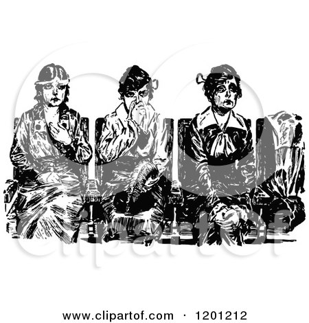 Clipart of Vintage Black and White Sick Women Waiting - Royalty Free Vector Illustration by Prawny Vintage