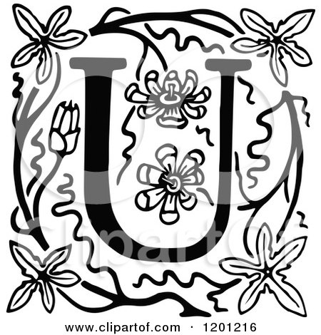 Clipart of a Vintage Black and White Letter U and Flowers - Royalty Free Vector Illustration by Prawny Vintage